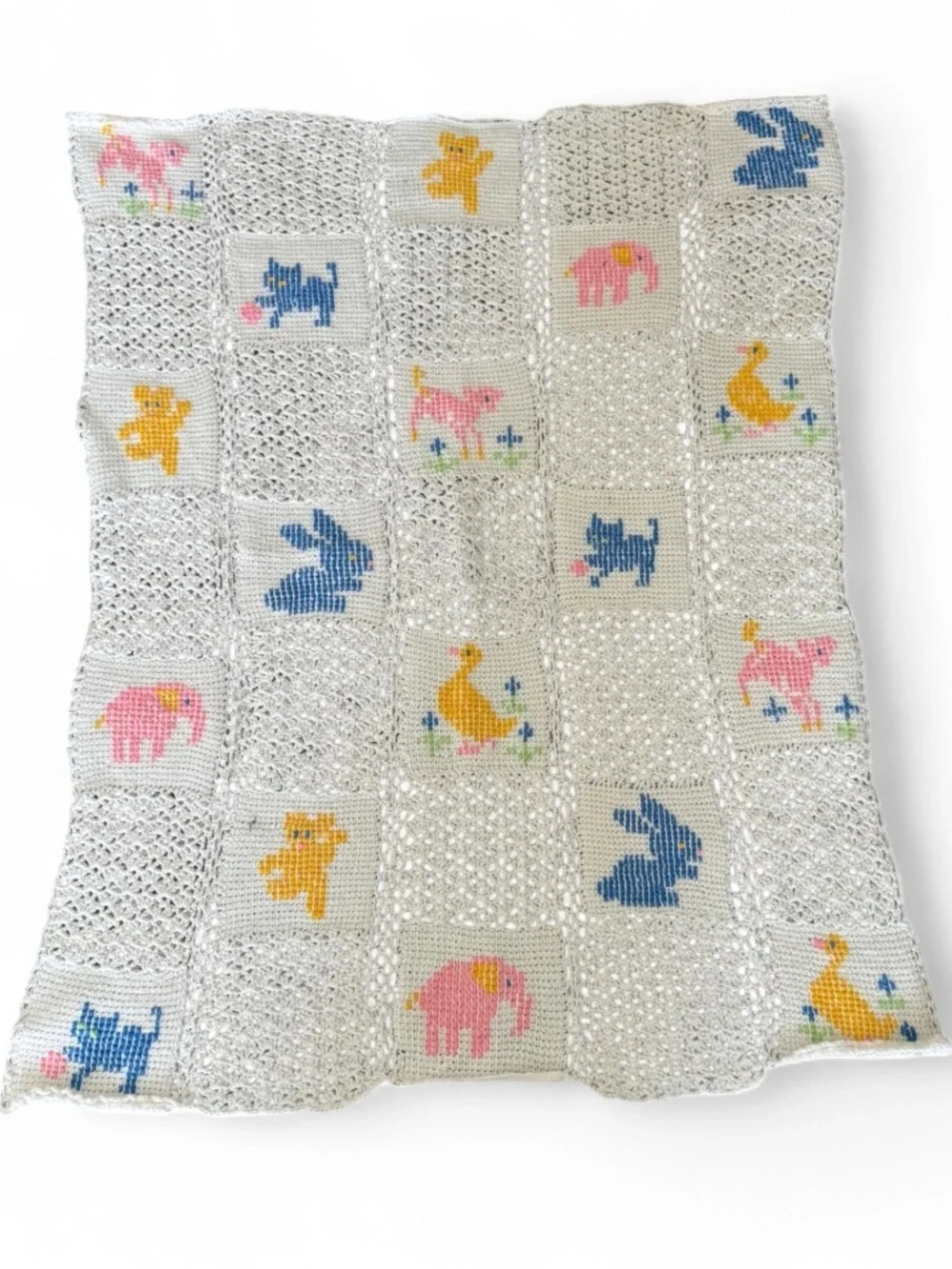 Vintage Handmade Crochet‎ Cross Stitch Baby Blanket Pastel Animal Heirloom